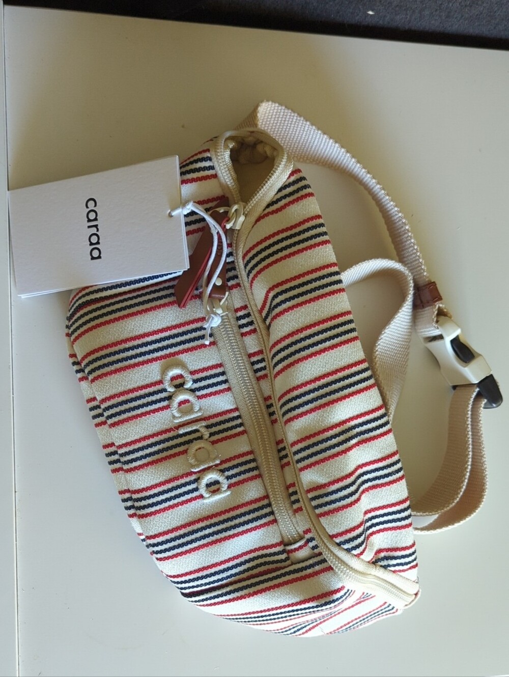 caraa Cream Canvas Crossbody with Red & Blue Stripes